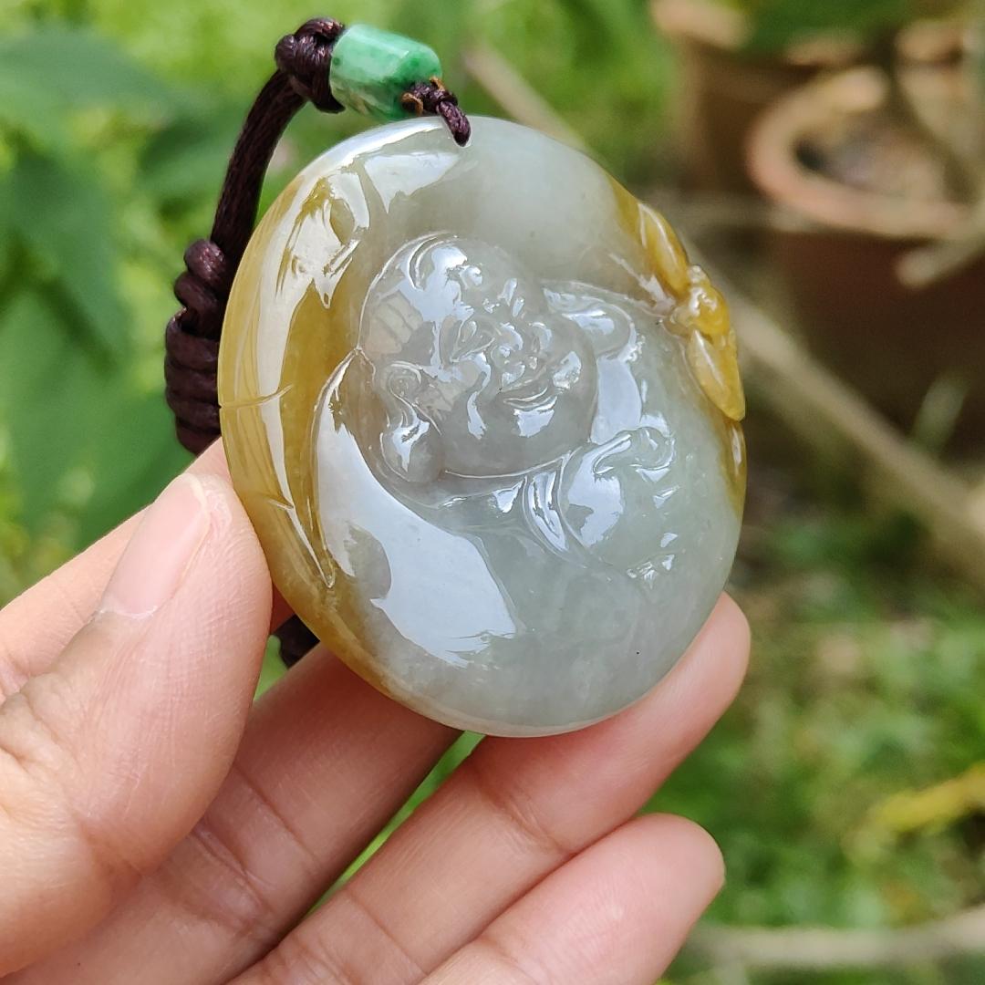 Collectible Yellow with light green Natural Type A Jadeite Jade Pendant Necklace crafted as Milo Buddha, certificate included weigh 38.28 grams, measurement 48.7 * 42.8 * 11 mm (pendant184)