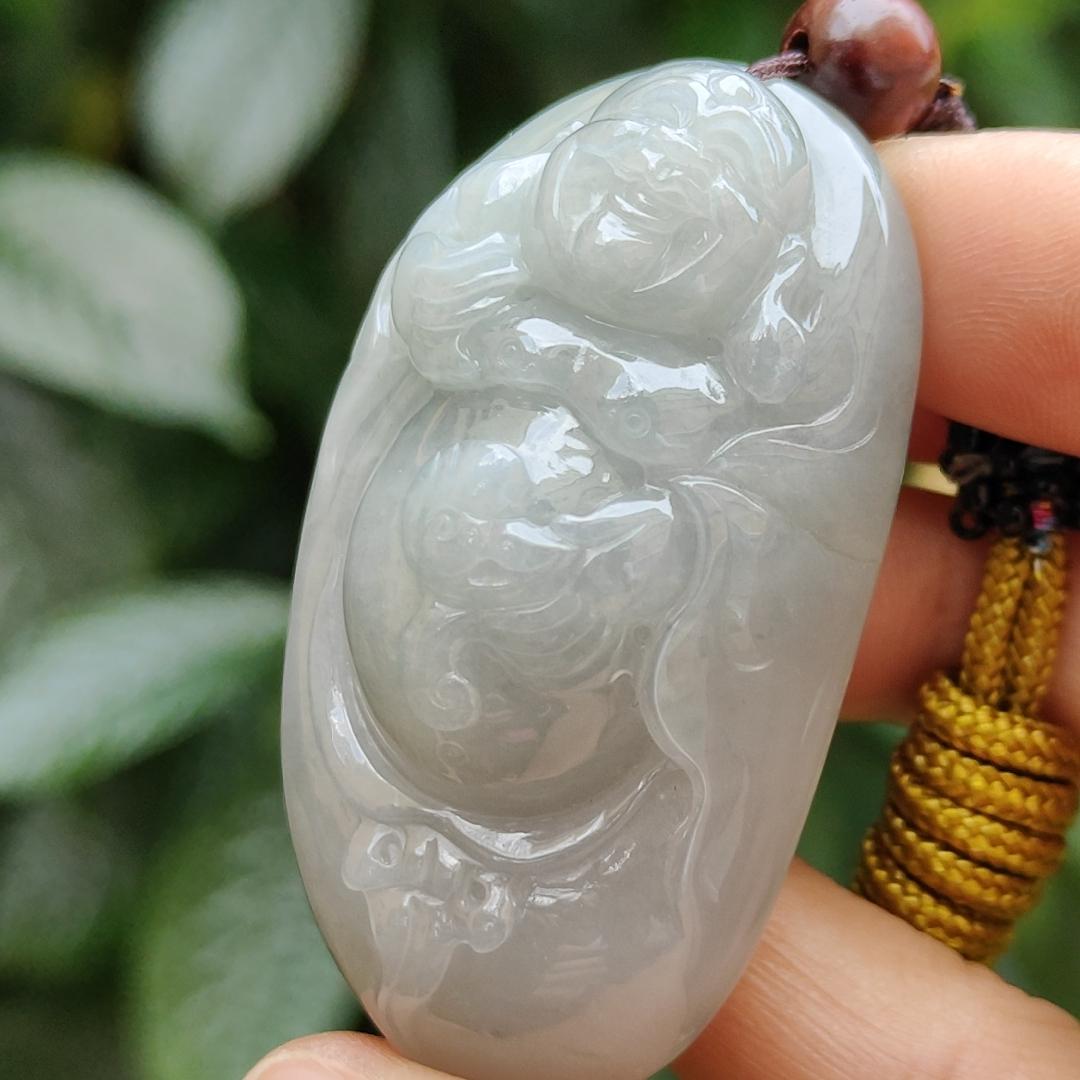 High Quality Light Green Hue Natural Type A Jadeite Jade crafted as Milo Buddha for Pendant, certificate weighs 44.34 grams, measurement 52.6 * 29.6 * 17.5 mm (pendant289)