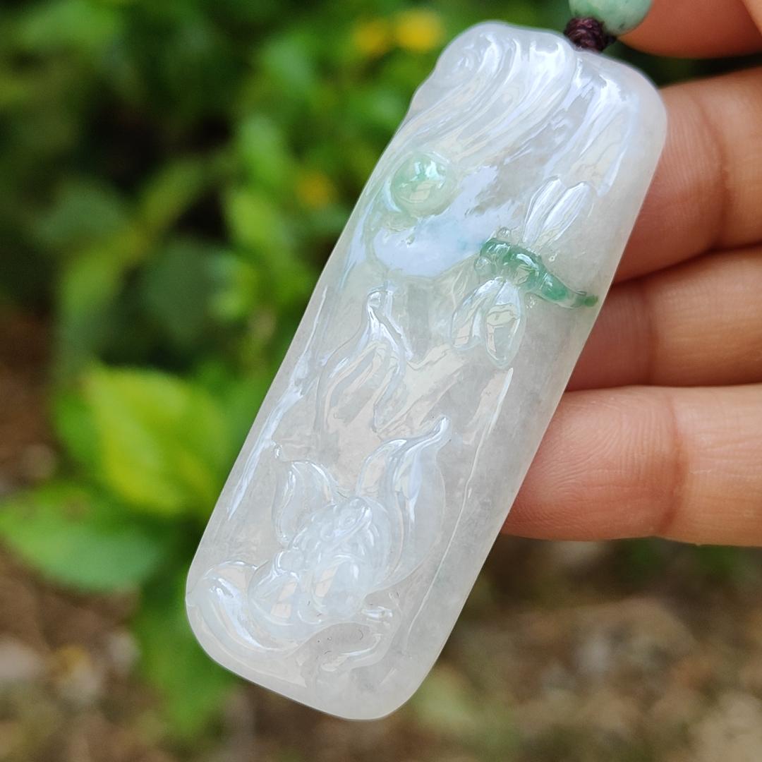 Line of Green Crafted with Very Refreshing Unique Rare Dragonfly with Flower Natural Type A Jadeite Pendant come with certificate weight 26.84 grams, 57.20 * 21.70 * 11.80 mm suitable for daily wear (pendant114)