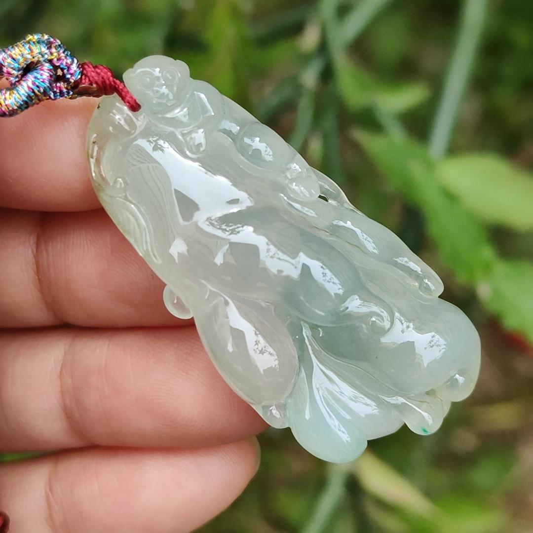 Icy with good translucent glossy texture Natural Type A Jadeite Pendant Necklace, Crafted with Monkey on Chayote symbols of Golden Monkey Brings Longevity and Double Blessings, certificate included weigh 16.84 grams, 44 * 21.3 * 11.8 mm, collectible jade