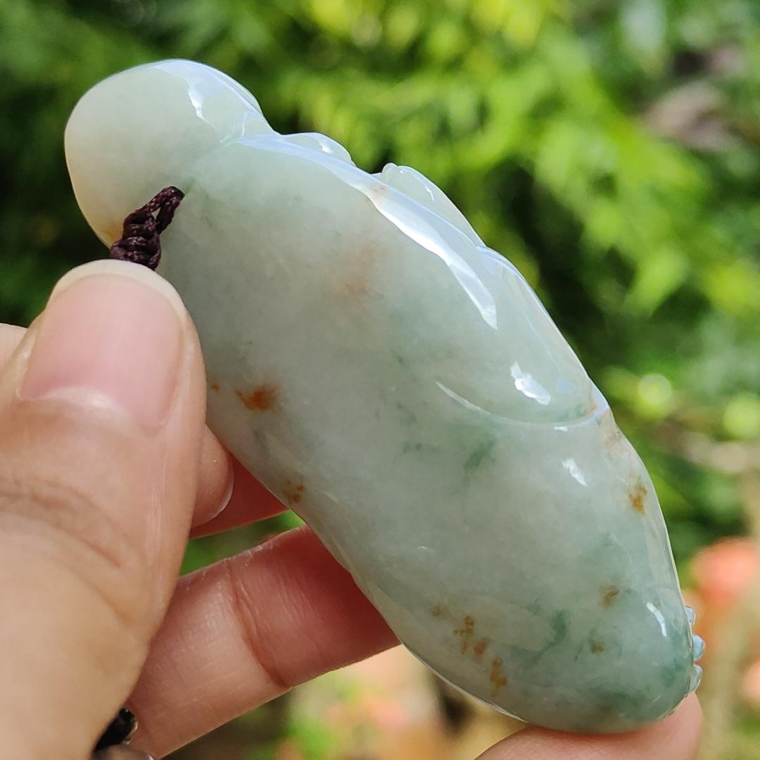 Light Green with Golden Yellow Patches Super Rare Natural Type A Jadeite Jade crafted with Arhat as Pendant, certificate weighs 57.71 grams, measurement 69.7 * 39.3 * 14.5 mm (pendant263)