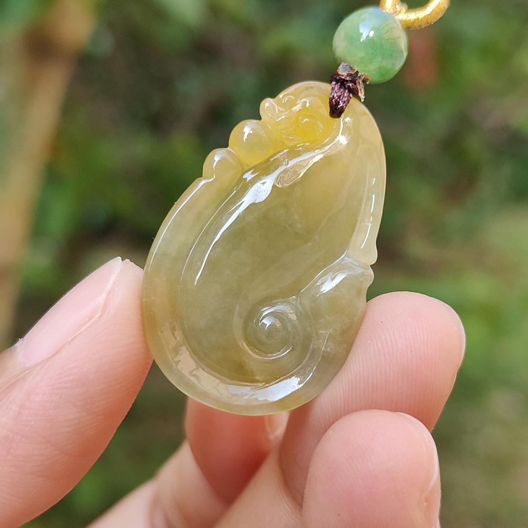 Rare Yellow Natural Type A Jadeite Jade crafted with Dragon Playing with Pearls as Pendant, certificate weigh 6.33 grams, measurement 32 * 21 * 6.5 mm (pendant217)