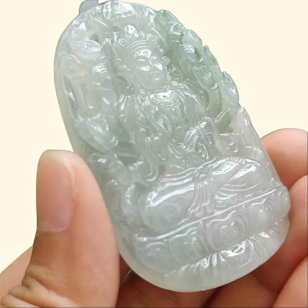 High Quality Light Green Hue Good Translucent Natural Type A Jadeite Jade crafted with Thousand Hands Guanyin as Pendant, certificate weighs 31.12 grams, measurement 57.6 * 38.4 * 6.8 mm (pendant293)