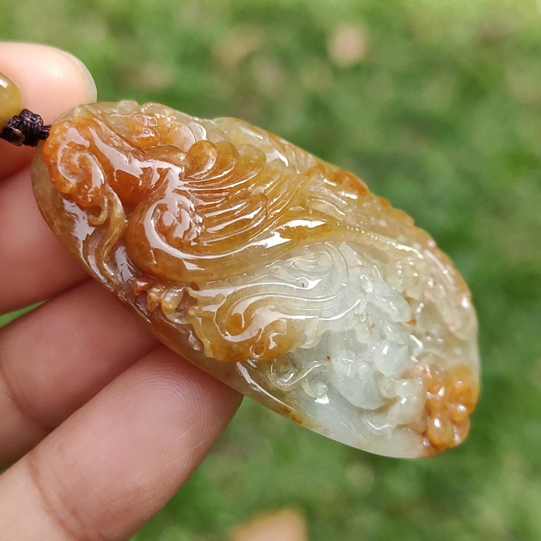 Rare Light Green with Red Natural Type A Jadeite Jade crafted as Phoenix to use as Pendant, certificate weighs  27.45 grams, measurement 52.3 * 28.5 * 12.5 mm (pendant279)