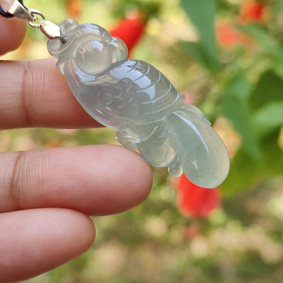 Premium Old Pit Rare Green Hue Icy Translucent Natural Type A Jadeite Jade crafted with Parrot as Pendant for the collectors, certificate weigh 6.25 grams, measurement 41.6 * 15.2 * 6.5 mm (pendant213)