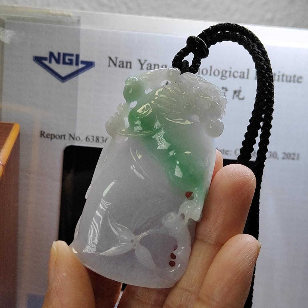 Dual Tone Bamboo with Kirin Natural Type A Jadeite Pendant with Gemstone report from NGI weighs at 253.32 grams , 60.70 * 33.75 * 12.81 mm , Translucent light lavender with light green patches pendant for your collections (pendant149)