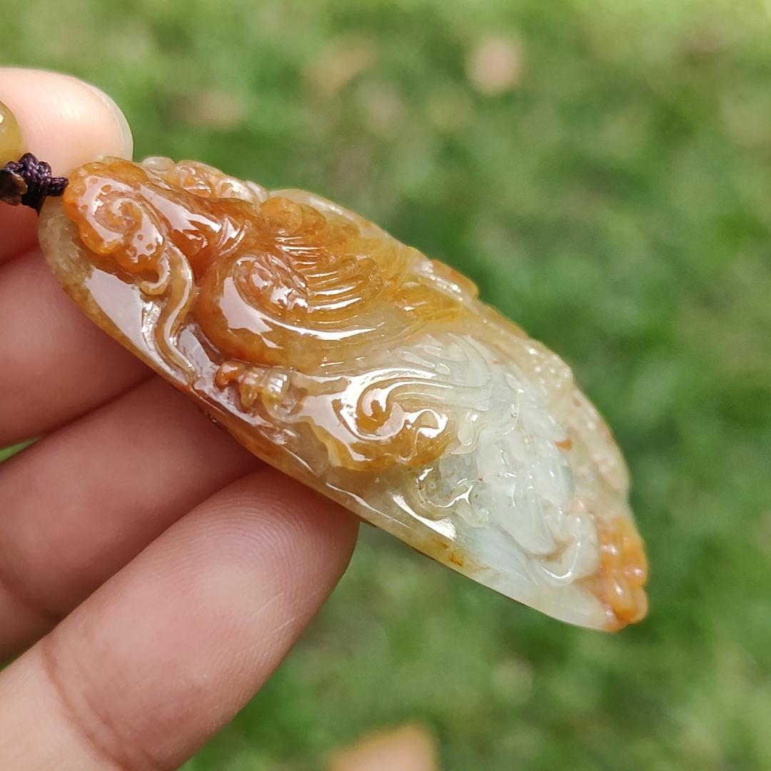 Rare Light Green with Red Natural Type A Jadeite Jade crafted as Phoenix to use as Pendant, certificate weighs  27.45 grams, measurement 52.3 * 28.5 * 12.5 mm (pendant279)