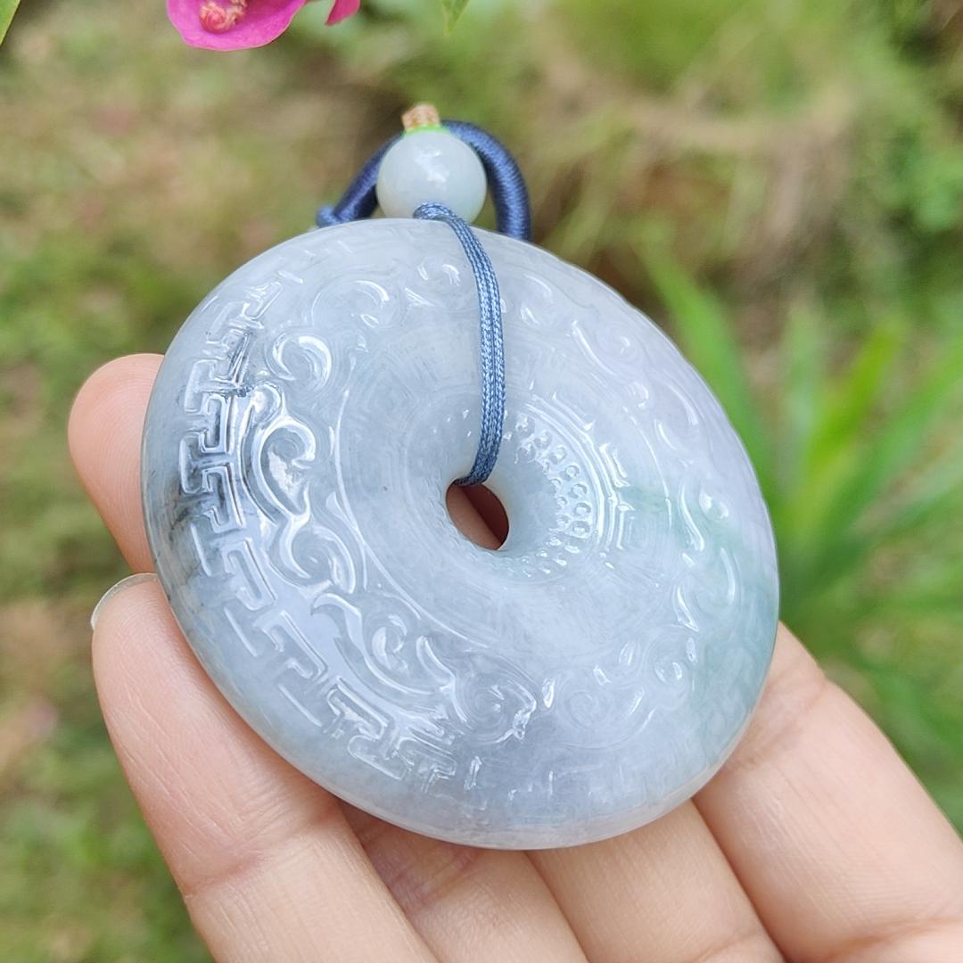 Hugh Natural Type A Jadeite Pendant Crafted as Dounut with beautiful archaize style with floating green and some wuji with Purple Hue, QIC Labs approved cert weigh 71.13 grams, 54.3 * 54.3 * 12.2 mm, symbols of Everything is going well (pendant64)