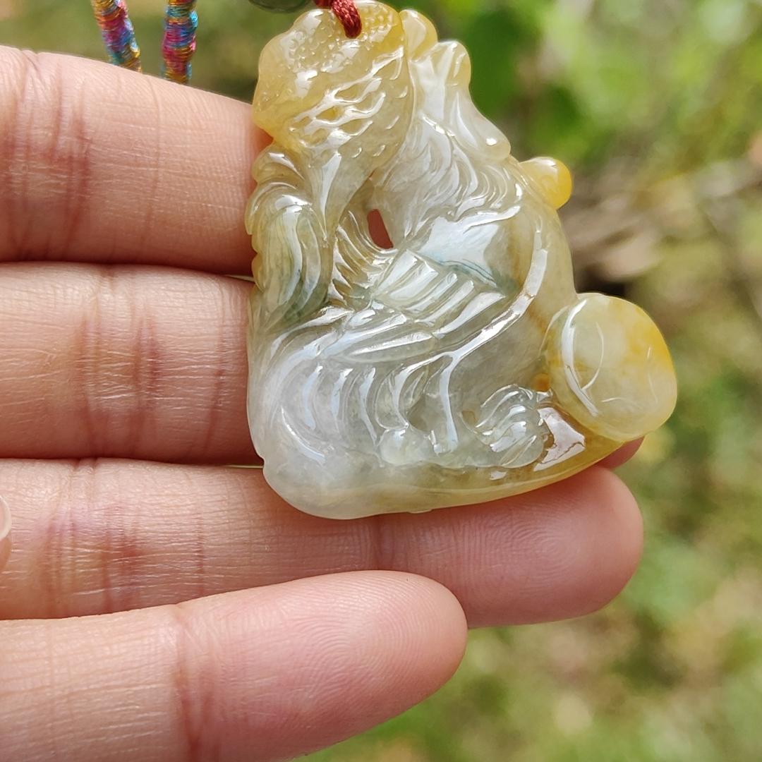 Premium Quality Yellow and Green Natural Type A Jadeite Jade crafted as Rooster with Ruyi as pendant necklace with certificate weigh 17.7 grams, measurement 41.6 * 34.8 * 7.5 mm (pendant208)