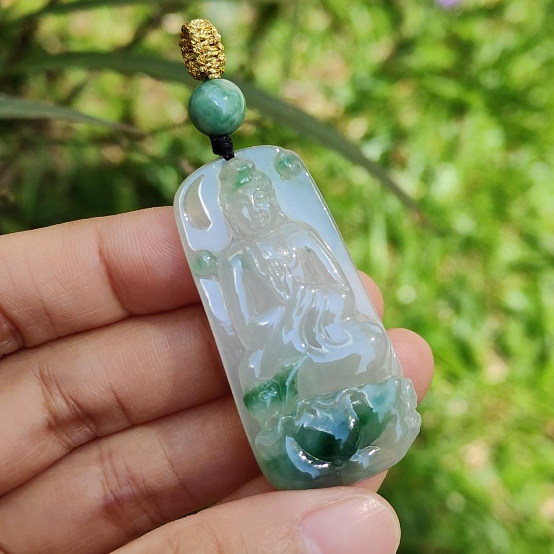 Icy Good Translucency with Green Natural Type A Jadeite Pendant Necklace crafted with Buddha and Lotus, certificate included weigh 13.2 grams, 46.2 * 22.5 * 6.3 mm