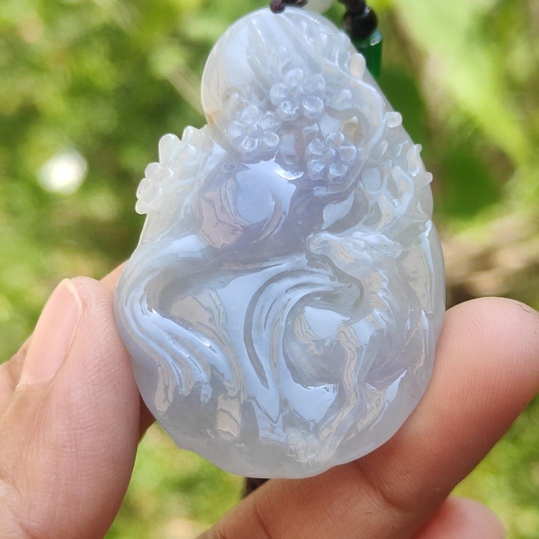 A Lavender with spread of brown and green patches Natural Type A Jadeite Jade Pendant Crafted with deer and flower, certificate weigh 24.4 grams, measurement 51.5 * 33.7 * 7.8 mm (pendant192)1