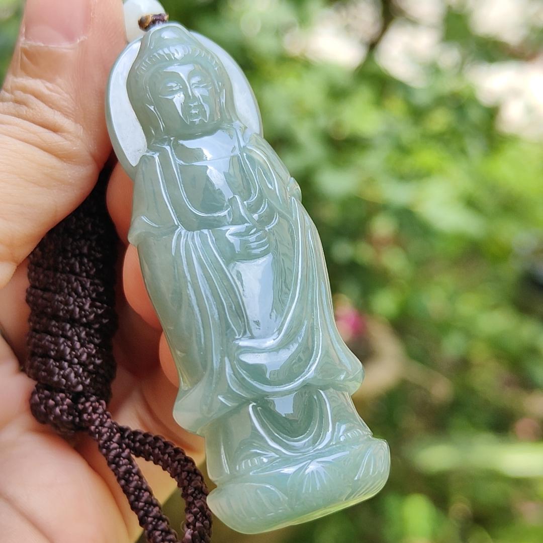 Good Quality Light Green Natural Type A Jadeite Jade crafted with standing Guanyin as Pendant, certificate weighs 31.45 grams, measurement 65.2 * 24.1 * 11 mm (pendant259)