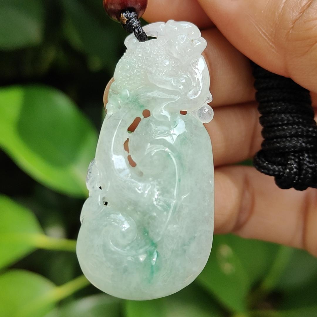 High Quality Light Green Hue Natural Type A Jadeite Jade crafted with shape of Ruyi and Three Legs Toad as Pendant, certificate weighs 13.02 grams, measurement 47.8 * 22.8 * 9 mm (pendant291)