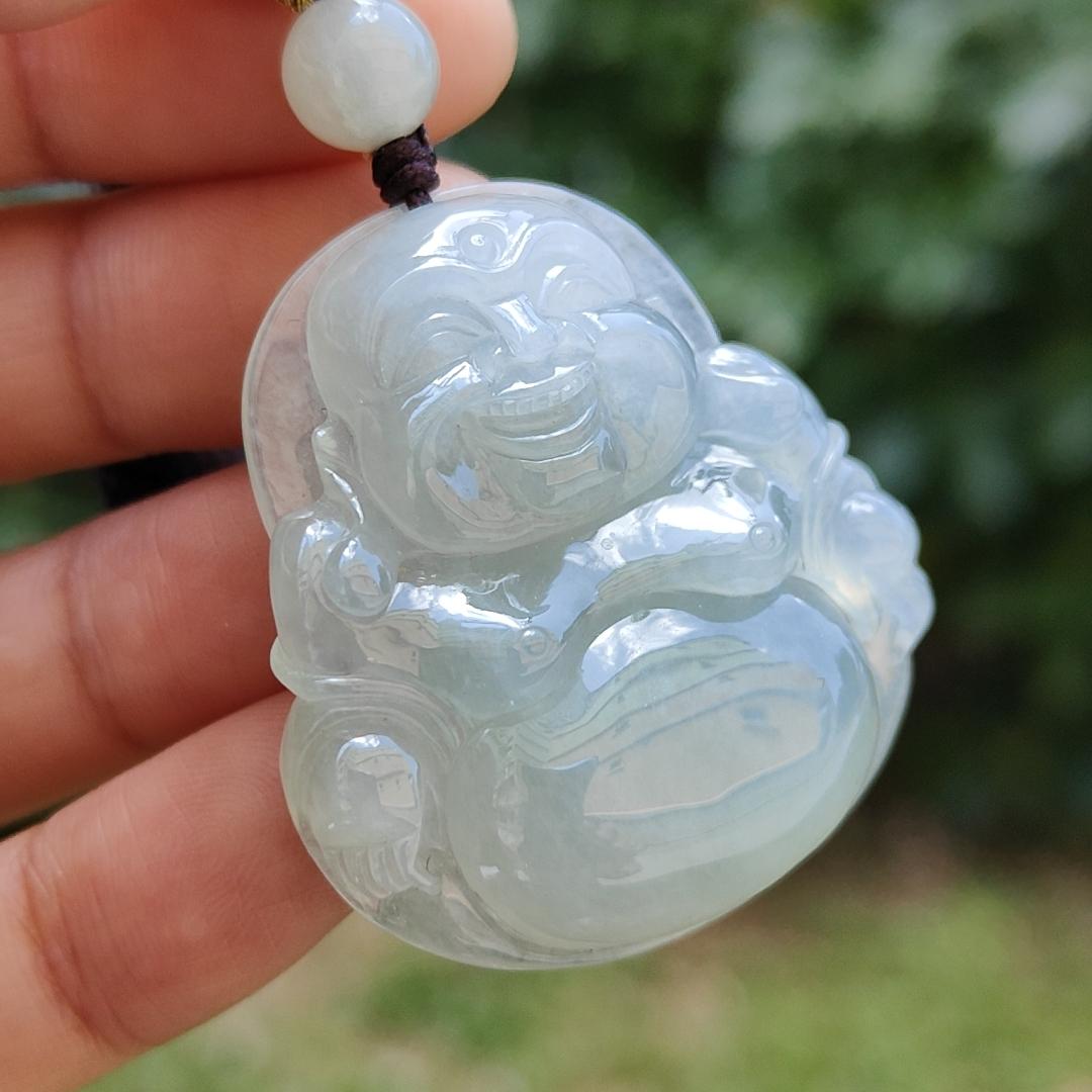 Premium Quality with good density and light green bluish hue Natural Type A Jadeite Pendant Necklace crafted with Laughing Buddha, certificate included weigh 17.14 grams, 36.7 * 34.2 * 8.7 mm, a good collection or for your daily wear (pendant32)