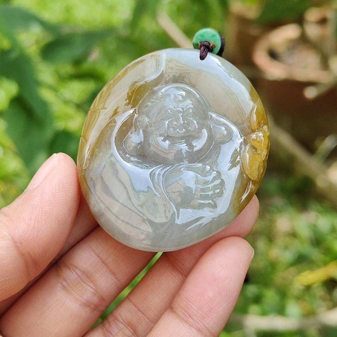 Collectible Yellow with light green Natural Type A Jadeite Jade Pendant Necklace crafted as Milo Buddha, certificate included weigh 38.28 grams, measurement 48.7 * 42.8 * 11 mm (pendant184)