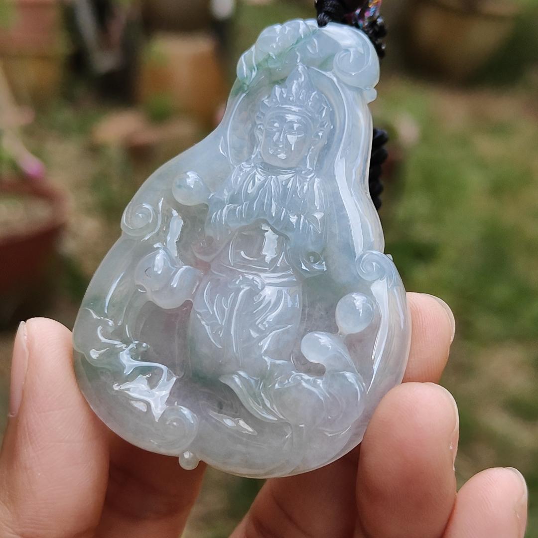 High Quality Light Lavender, Light Green with Yellow patches Natural Type A Jadeite Jade crafted with Guanyin as Pendant, certificate weigh 27.22 grams, measurement 63 * 44.3 * 6.8 mm (pendant229)