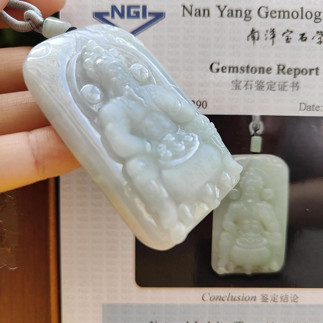 Fortune God with Heng Ong Huat Type A Natural Jadeite Jewelry Pendant with NGI Gemstone report pendant weight 56.18 gram , 59.45 * 37.1 * 10.26 mm - Translucent faint greenish blue (pendant141)