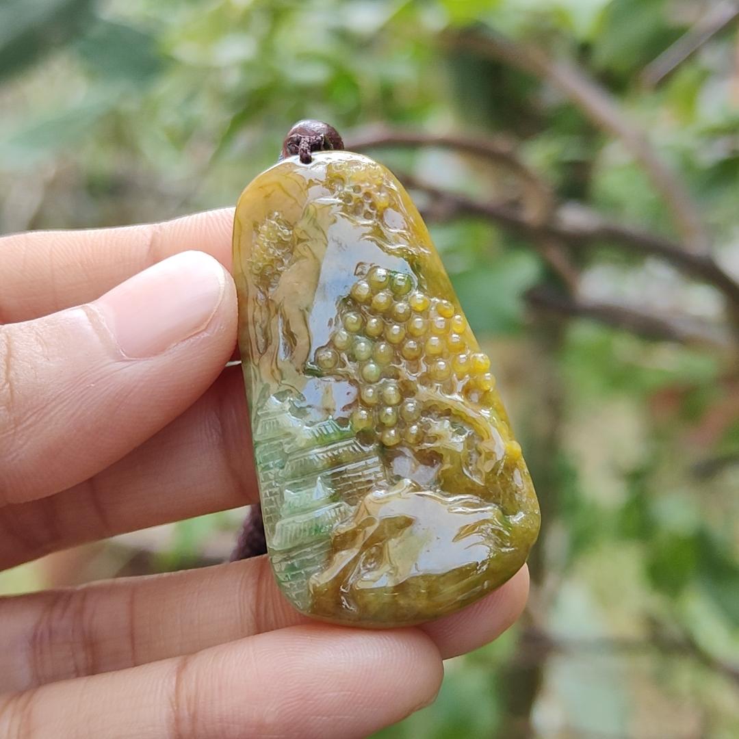 Rare quality Yellow with reddish brown and green Natural Type A Jadeite Jade crafted with sceneries as pendant, certificate weigh 11.38 grams, measurement 45.6 * 24.3 * 5.2 mm (pendant216)