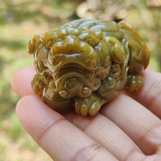 Super Rare Yellow, Redish and Green Hue Natural Type A Jadeite Jade crafted with Lion as Hand-held piece, display or Pendant, certificate weigh 93.64 grams, measurement 53.3 * 32.2 * 30.7 mm (hand5)