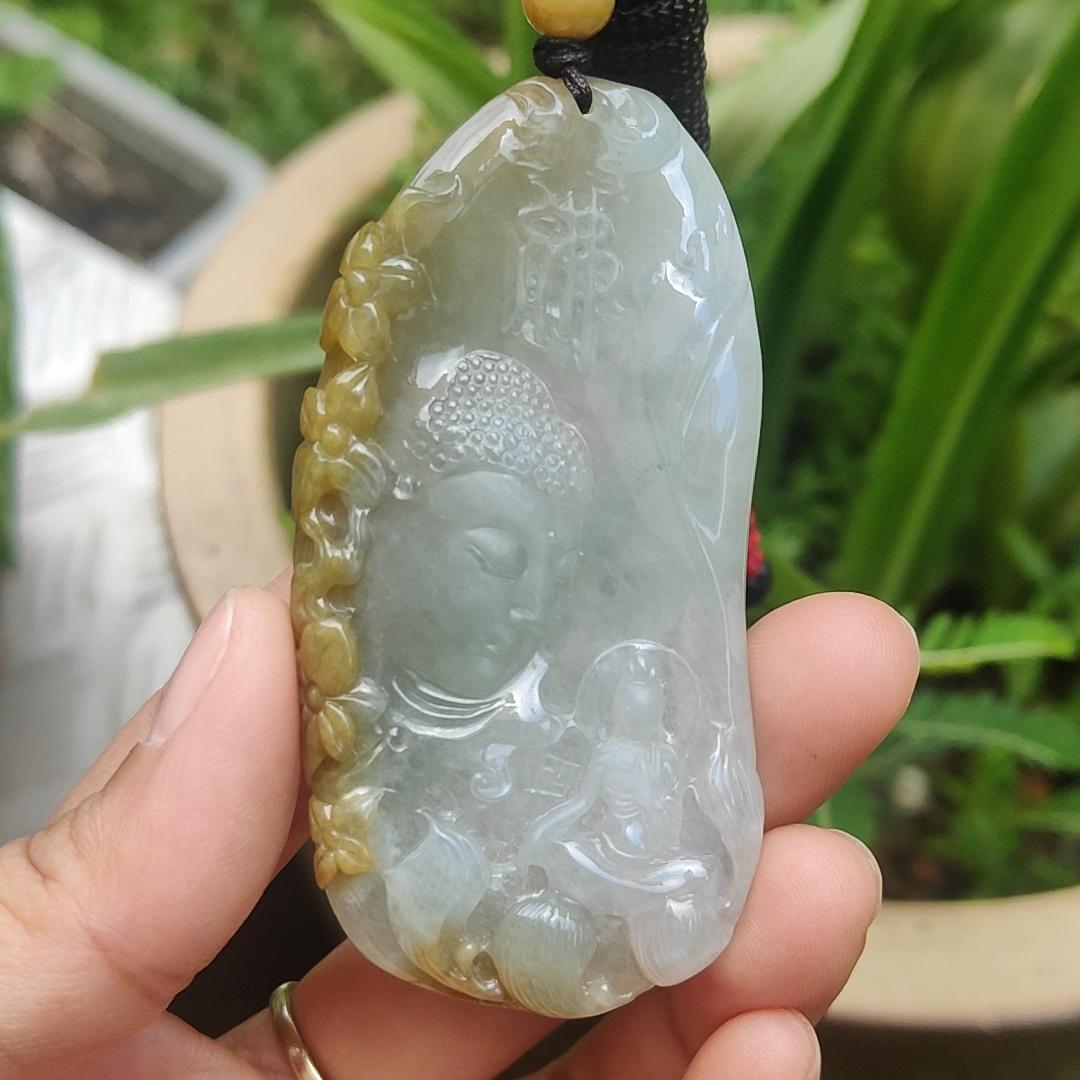 High Quality Yellow with Light Green Natural Type A Jadeite Jade crafted with Buddha and Monk as Pendant, certificate weigh 54.87 grams, measurement 71.6 * 35.6 * 9.5 mm (pendant262)