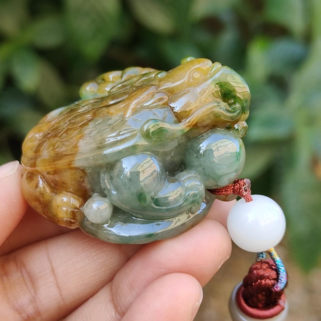 Super Rare Green and Brown Natural Type A Jadeite Jade crafted with Vermilion bird as pendant with certificate weigh 59.21 grams, measurement 45.8 * 32 * 27.3 mm (pendant231)