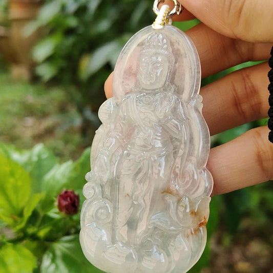 Super Rare Highly Translucent Icy Variety, Hugh Old Mine with Specify Gravity at 3.34 Natural Type A Jadeite pendant, NGI Gemstone report weight 158.06 grams, 72.76 * 37.43 * 7.26 mm, Carved as Guanyin colorless with patches of brown, (pendant128)