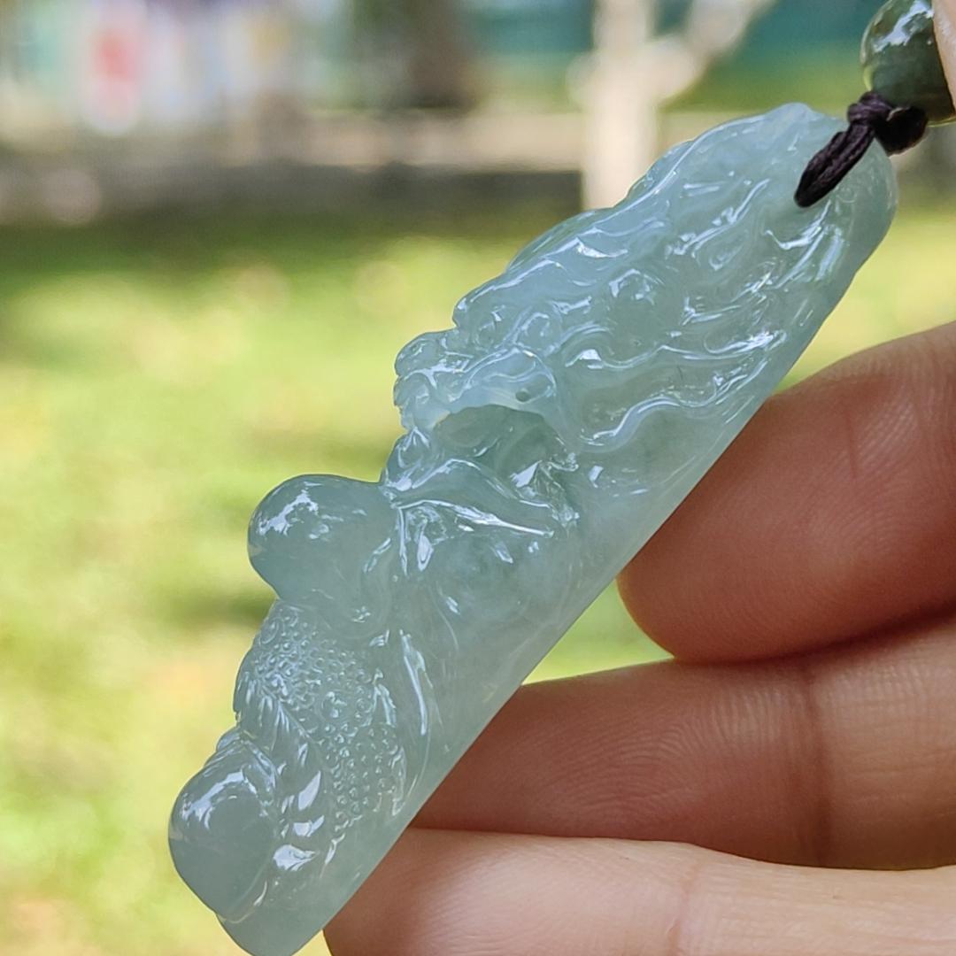 High Quality Beautifully crafted as Dragon with Semi Icy Translucent Natural Type A Jadeite Jade as Pendant, certificate weighs 22.18 grams, measurement 54.6 * 21.5 * 15.7 mm (pendant270)