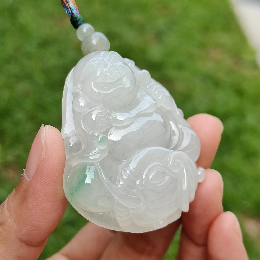 Crafted with Budai Laughing Buddha, Elephant and Ruyi Premium Semi Icy Natural Type A Jadeite with green patches Pendant Necklace with certificate weigh 45.38 grams, 50.5 * 44 * 12.3 mm (pendant160)