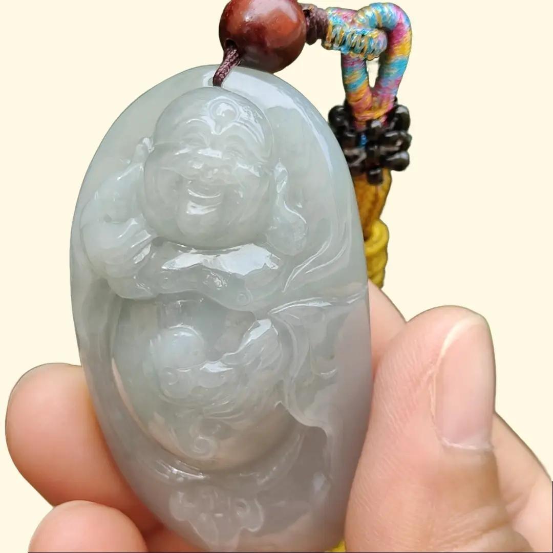 High Quality Light Green Hue Natural Type A Jadeite Jade crafted as Milo Buddha for Pendant, certificate weighs 44.34 grams, measurement 52.6 * 29.6 * 17.5 mm (pendant289)