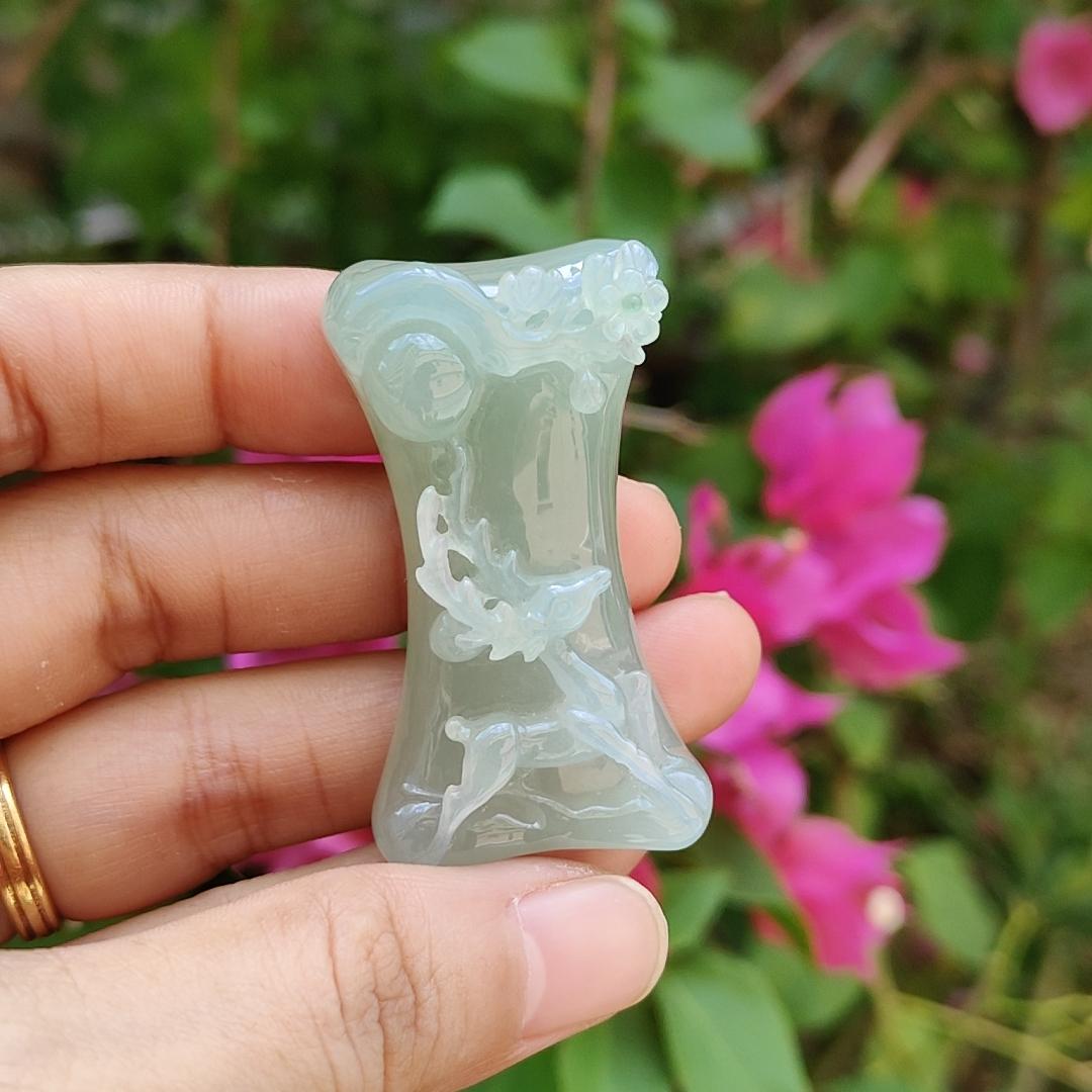 Highly Translucent faint green Old Mine with Specific Gravity 3.34, Carved as deer with very fine grain and good translucency Natural Type A Jadeite Pendant / Collection with NGI Gemstone report weight 140.16 grams, 47.50 * 26.75 * 13.29 mm (pendant131)