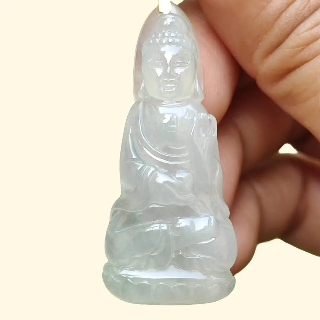 Icy Translucent Natural Type A Jadeite Jade crafted as Buddha with 18k gold clasp as Pendant, certificate weighs 6.78 grams, measurement 41.3 * 17.8 * 6.2 mm (18kp44)