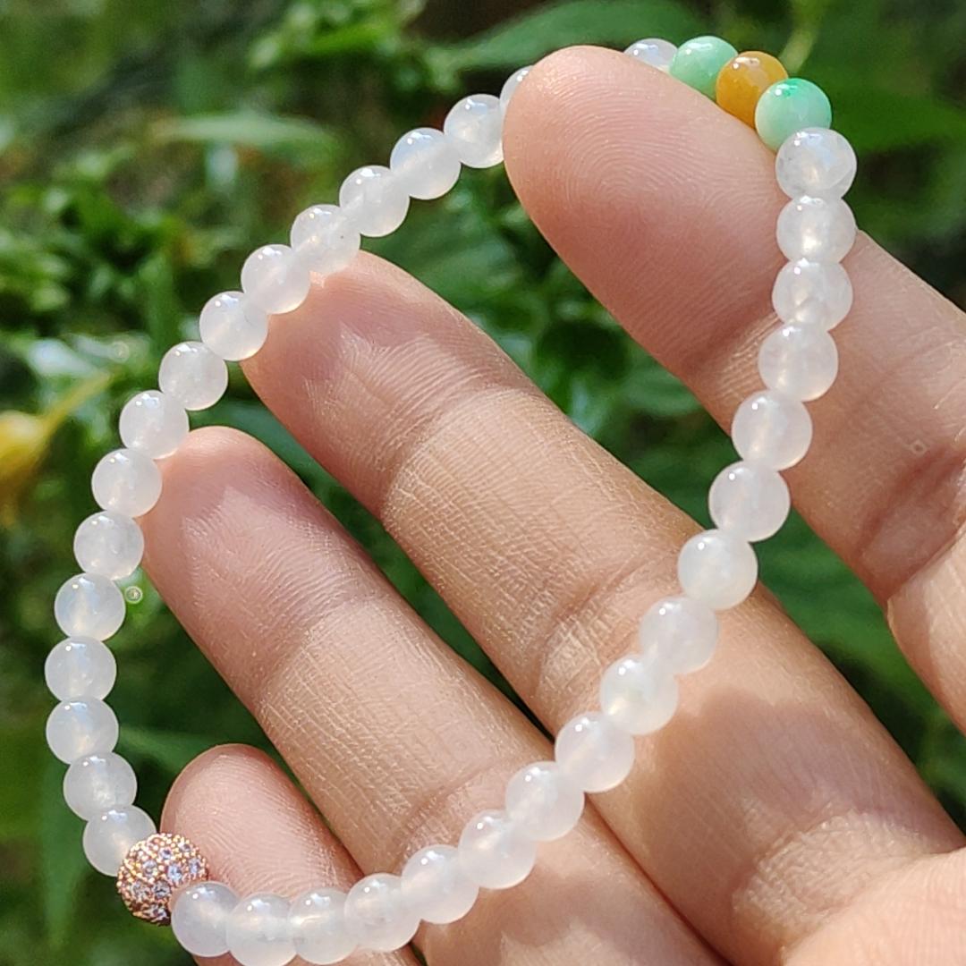 Icy Translucent beads, mix with 2 green 1 yellow Natural Type A Jadeite Bracelet, total of 38 beads with GIC labs approved certificate weigh 8.43 grams, measurement 4.8 mm, a stunning collection for your daily wear (bracelet3)