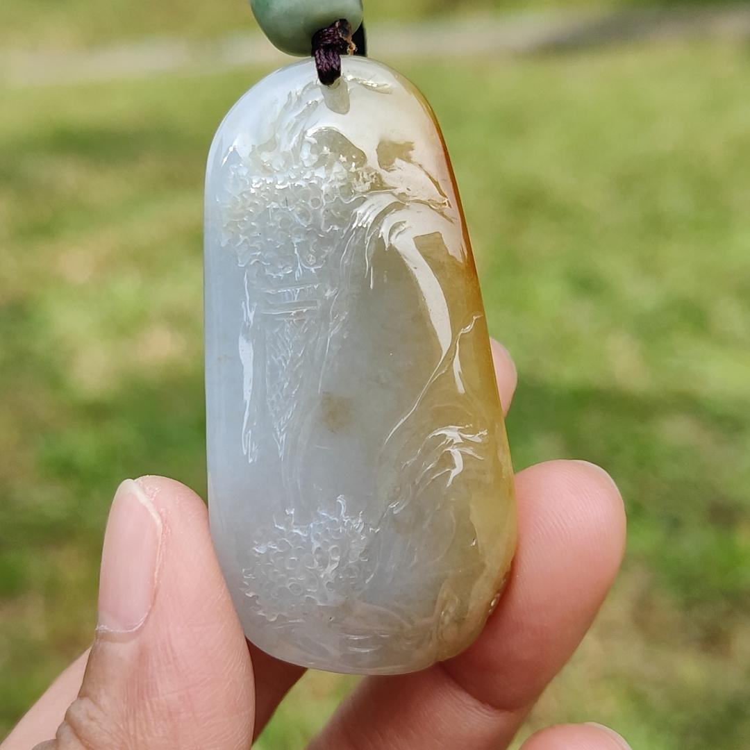 Beautifully crafted with sceneries on Yellow Natural Type A Jadeite Jade as a Pendant Necklace with certificate weigh 27.75 grams, measurement 52.1 * 25.7 * 12.7 mm (pendant206)