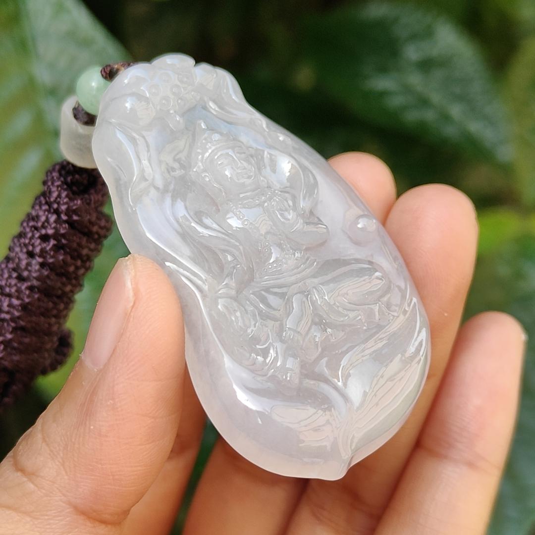 Semi Icy Rare Old School Natural Type A Jadeite Jade Pendant Necklace crafted as Manjushri Bodhisattva without Mount with certificate weigh 25.28 grams, 58 * 33.2 * 7.3 mm (pendant167)