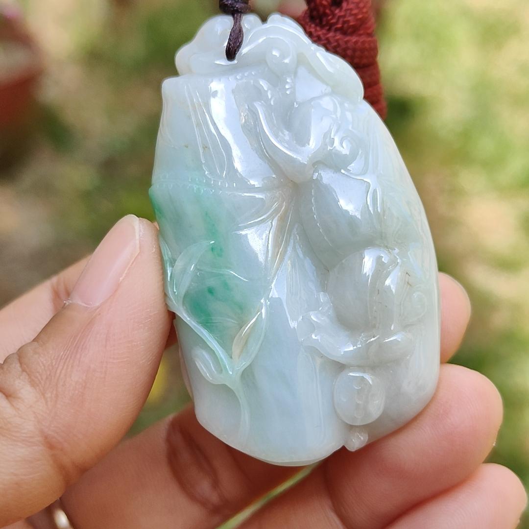 Green with yellow patches Natural Type A Jadeite Jade crafted as Bamboo with Pixiu as Pendant, certificate weigh 35.85 grams, measurement 52.3 * 31 * 12.2 mm (pendant223)