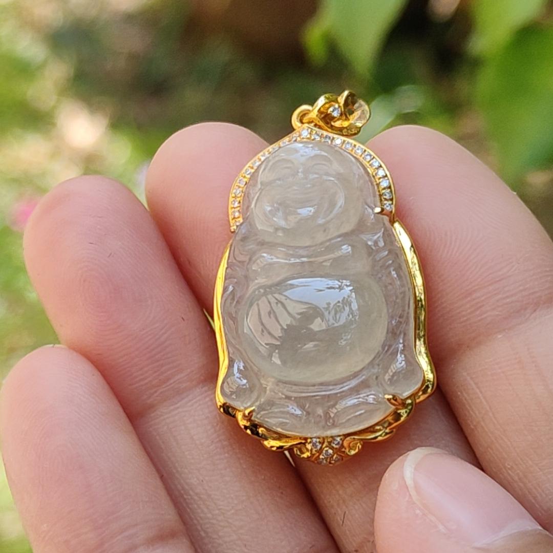 Premium Icy Translucent Natural Type A Jadeite Jade crafted as Standing Milo Buddha set on 18k gold with diamonds as Pendant, certificate included weigh 6.56 grams, measurement 37.5 * 19.7 * 9 mm (18kp27)