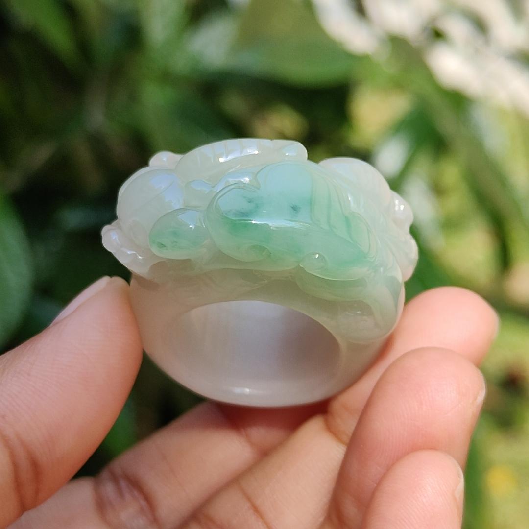 Rare Quality Light Green with White Natural Type A Jadeite Jade crafted with Pixiu and Ruyi as Ring, certificate weigh 31.97 grams, measurement 36.2 * 16 * 13, Finger size 19.5 mm (ring5)