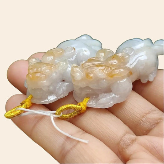 Sales - High Quality Pair of White, Yellow Natural Type A Jadeite Jade crafted as Pixiu for Pendant, certificate weighs 24.25 / 19.87 grams, measurements 50 * 21.3 * 14.1 / 47 * 20.6 * 13.6 mm (pendant292)