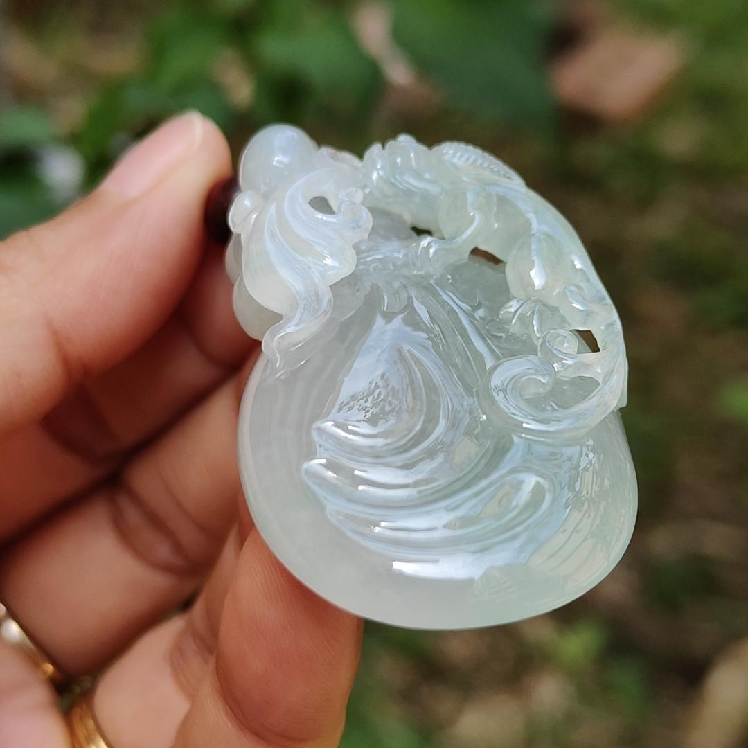 Limited Time Offer Semi Icy Premium Natural Type A Jadeite Jade crafted with pixiu as pendant, certificate weigh 30.20 grams, measurement 53.5 * 30.3 * 14.8 mm (pendant200)