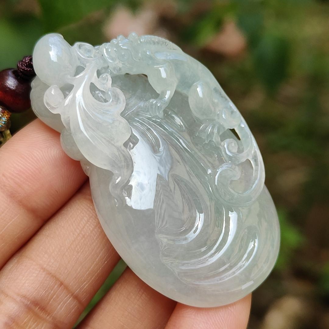 Limited Time Offer Semi Icy Premium Natural Type A Jadeite Jade crafted with pixiu as pendant, certificate weigh 30.20 grams, measurement 53.5 * 30.3 * 14.8 mm (pendant200)