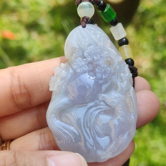 A Lavender with spread of brown and green patches Natural Type A Jadeite Jade Pendant Crafted with deer and flower, certificate weigh 24.4 grams, measurement 51.5 * 33.7 * 7.8 mm (pendant192)1