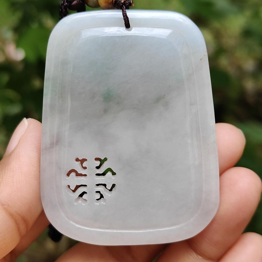 Old school hollow style Green and White Natural Type A Jadeite Jade crafted with flowers and coins as a pendant necklace with certificate weigh 41.56 grams, measurement 56.3 * 43.2 * 11.8 mm (pendant204)