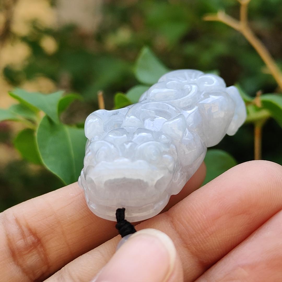 Light Lavender Natural Type A Jadeite Pendant carved as Pixiu with ruyi symbols of Joy and good luck, certificate included weigh 26.95 grams, 45.8 * 23.8 * 12.8 mm, suitable for daily wear boosting your luck (pendant75)