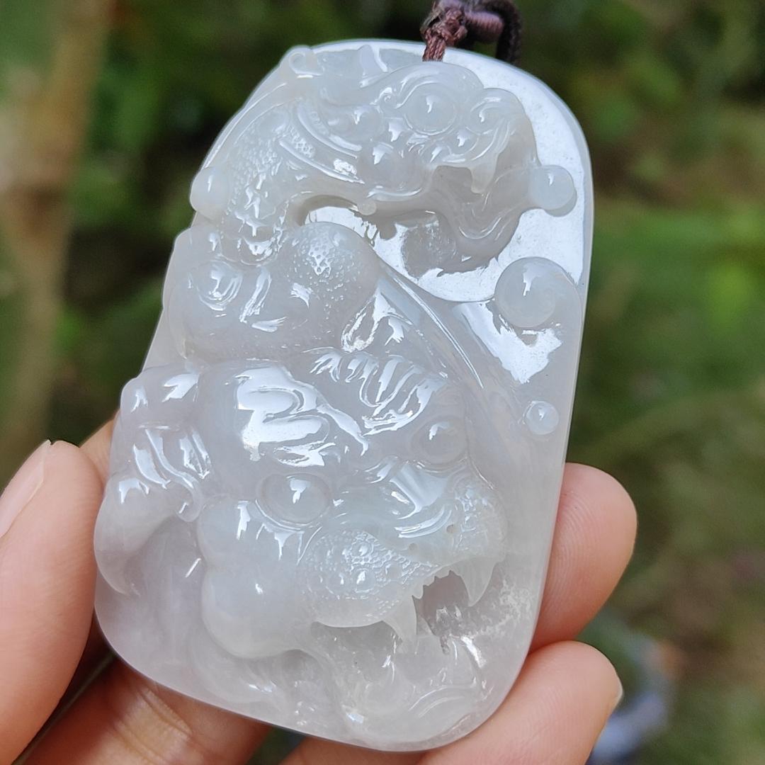 Rare Old Collection White Natural Type A Jadeite Jade crafted with Dragon and Tiger as Pendant, Certificate weigh 44.48 grams, Measurement 60.5 * 40.2 * 9.5 mm (pendant218)