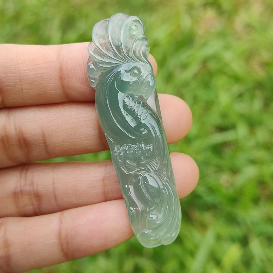 Semi Icy Good Translucency Green Natural Type A Jadeite Pendant Necklace crafted as the parrot, symbols of Wise and brave, heroic and mighty, with certificate weigh 10.82 grams, 57.8 * 16.3 * 7.1 mm (pendant24)