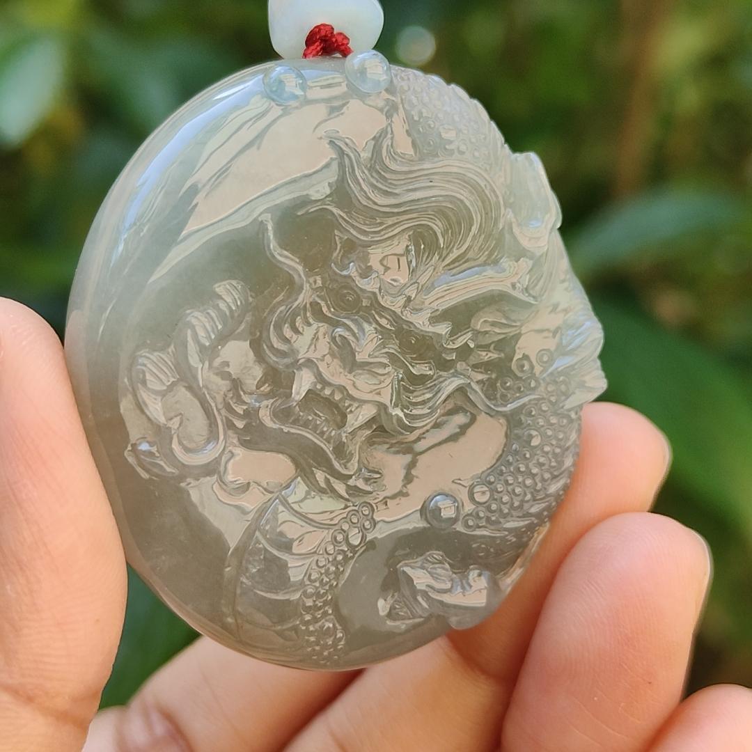 Light green with Brown fine quality Natural Type A Jadeite Pendant carved with dragon meaning wisdom, Auspiciousness, strength and independence with certificate weigh 41.21 grams, 46 * 40.60 * 10.80 mm, very suitable for daily wear (pendant91)