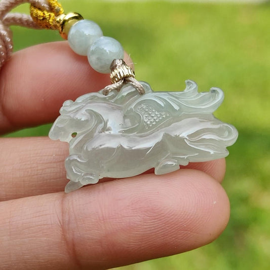 Icy with light green base Natural Type A Jadeite Pendant Necklace crafted as Flying Horse symbols of Good luck is coming soon, Longma spirit with GIC approved certificate weigh 4.55 grams, 15.6 * 28 * 6.3 mm (pendant65)