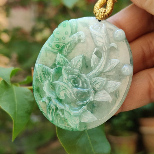 Green with green patches Natural Type A Jadeite Pendant carved with Butterfly and flowers represents Sweet Love with happy marriage, wealthy with flowers blooming and mutual love, certificate weigh 26.02 g, 49.3 * 40.6 * 6.8 mm (pendant84)