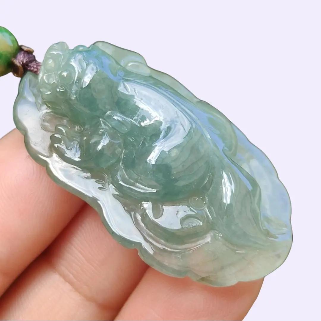 Green Natural Type A Jadeite Jade crafted with Pixiu as Pendant, certificate weighs 12.84 grams, measurement 40 * 23.8 * 10 mm (pendant251)