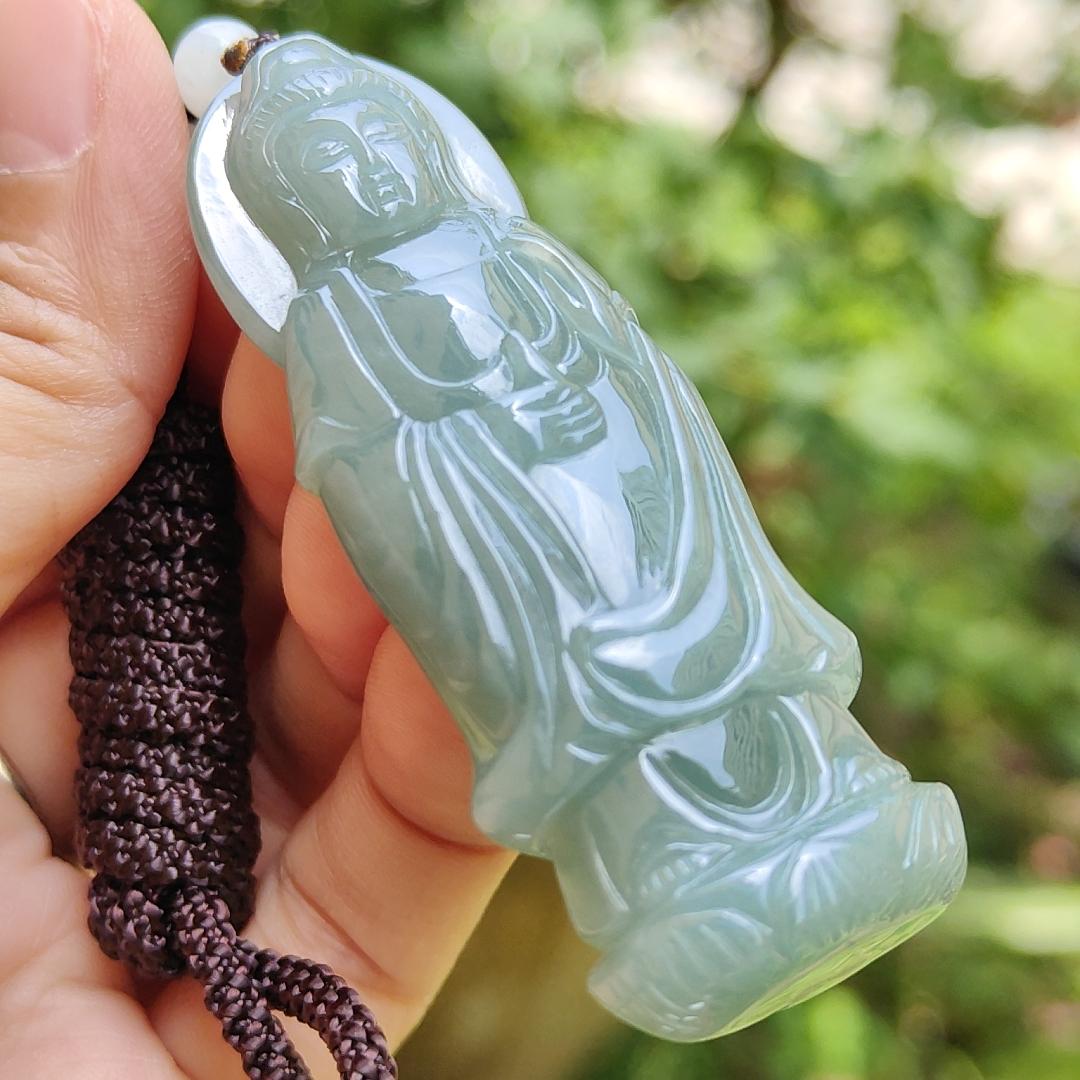 Good Quality Light Green Natural Type A Jadeite Jade crafted with standing Guanyin as Pendant, certificate weighs 31.45 grams, measurement 65.2 * 24.1 * 11 mm (pendant259)